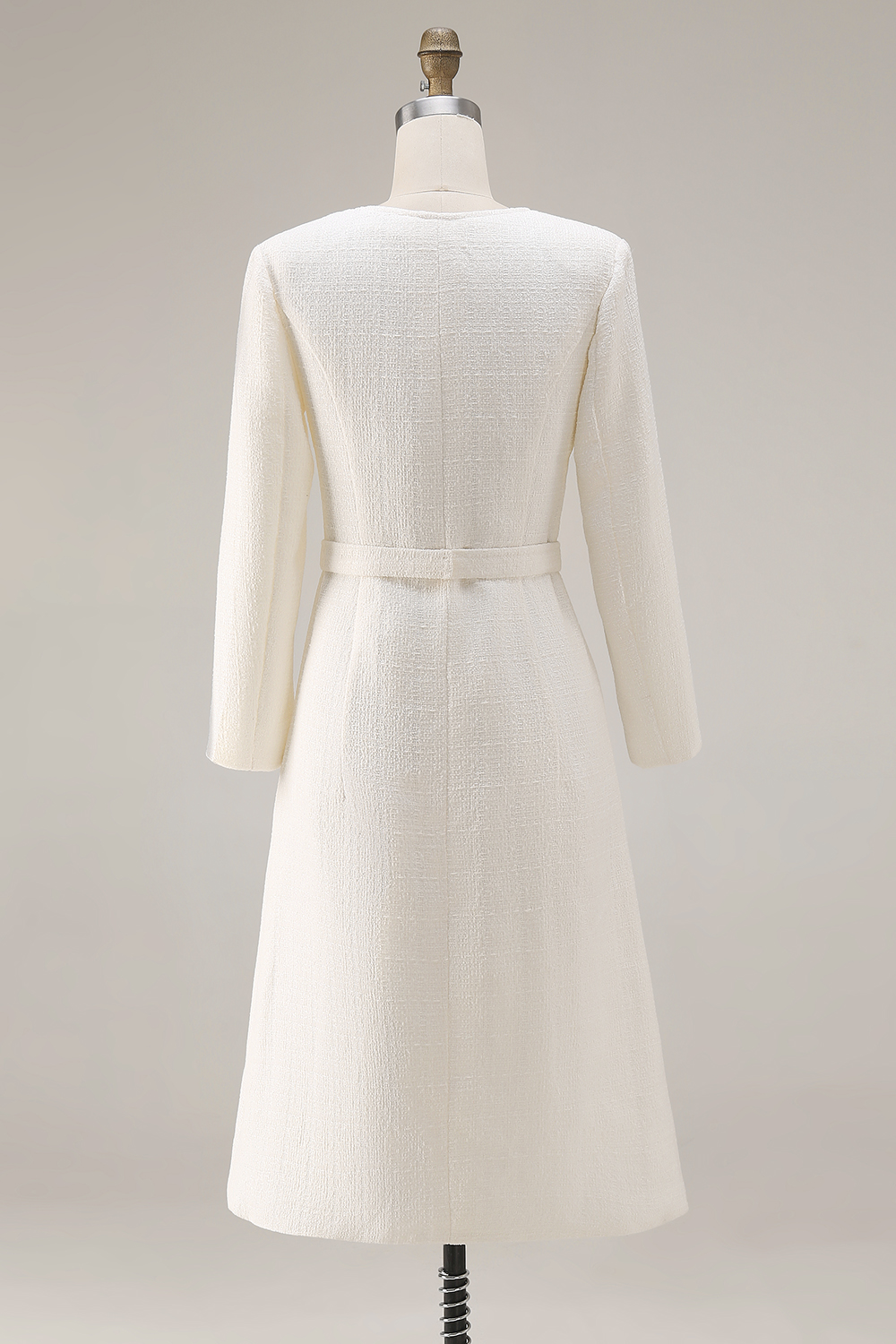 Ivory Tweed Round Neck Single Breasted Midi Work Dress with Sleeves