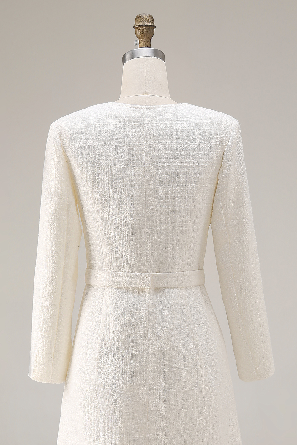 Elegant Ivory Tweed Round Neck Single Breasted Midi Work Dress with Sleeves