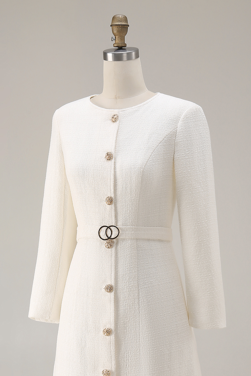 Elegant Ivory Tweed Round Neck Single Breasted Midi Work Dress with Sleeves