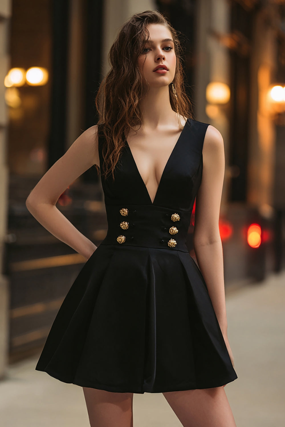 Black V-Neck A Line Short Cocktail Dress