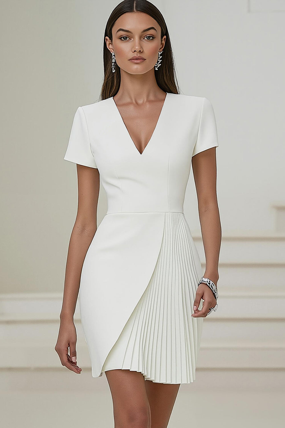 Ivory V-Neck Pleated Pencil Short Work Dress with Sleeves