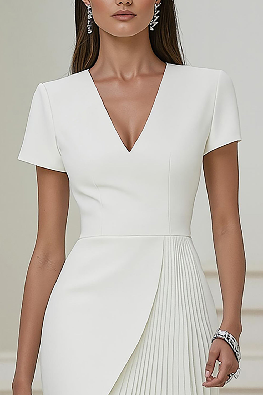 Ivory V-Neck Pleated Pencil Short Work Dress with Sleeves