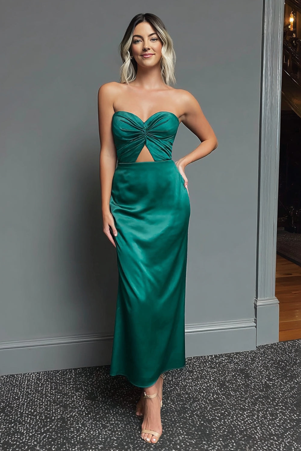 Dark Green Sweetheart Satin Sheath Long Evening Dress