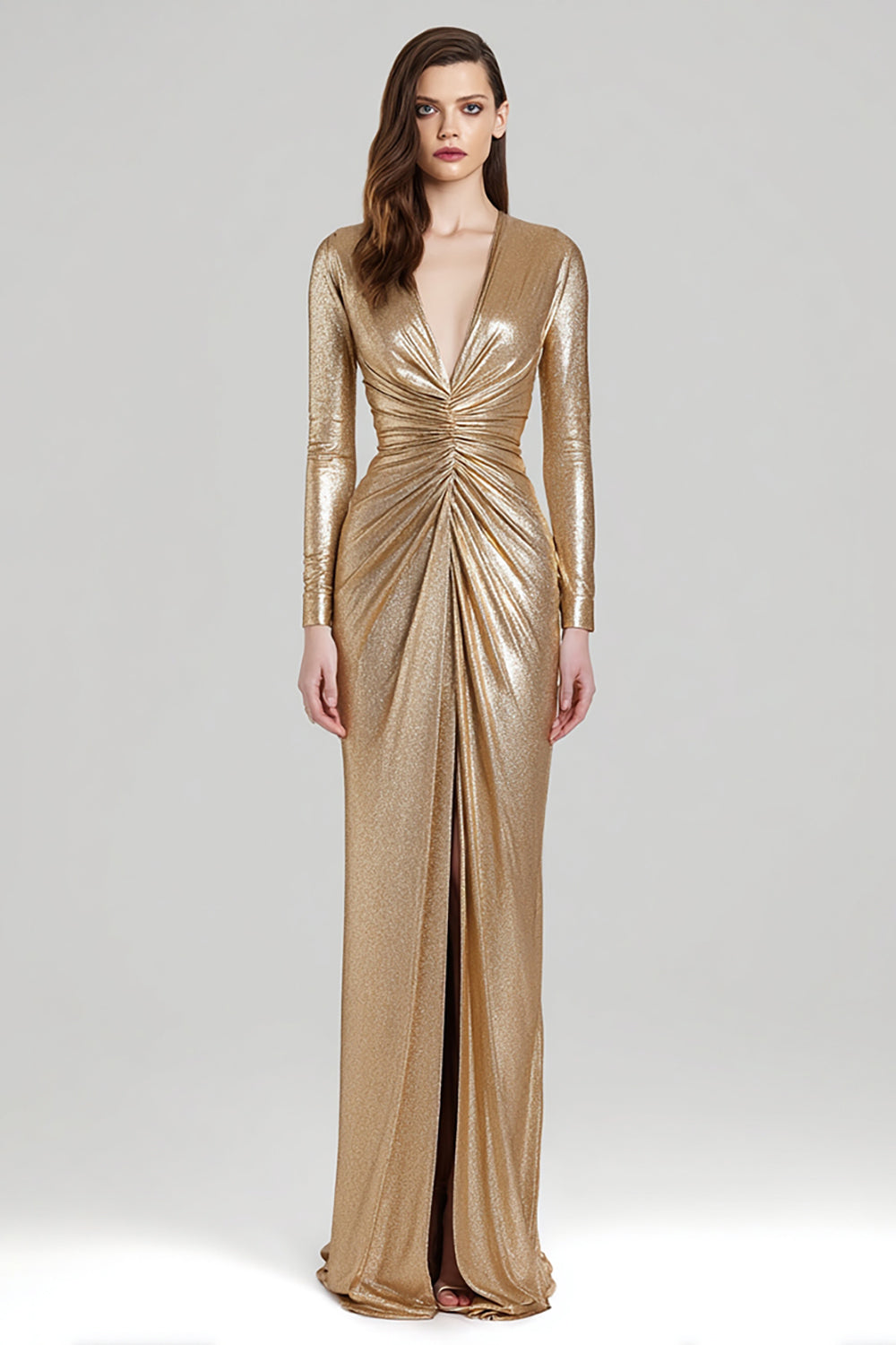 Sparkly Gold Metallic Sheath V-Neck Ruched Long Evening Dress with Slit