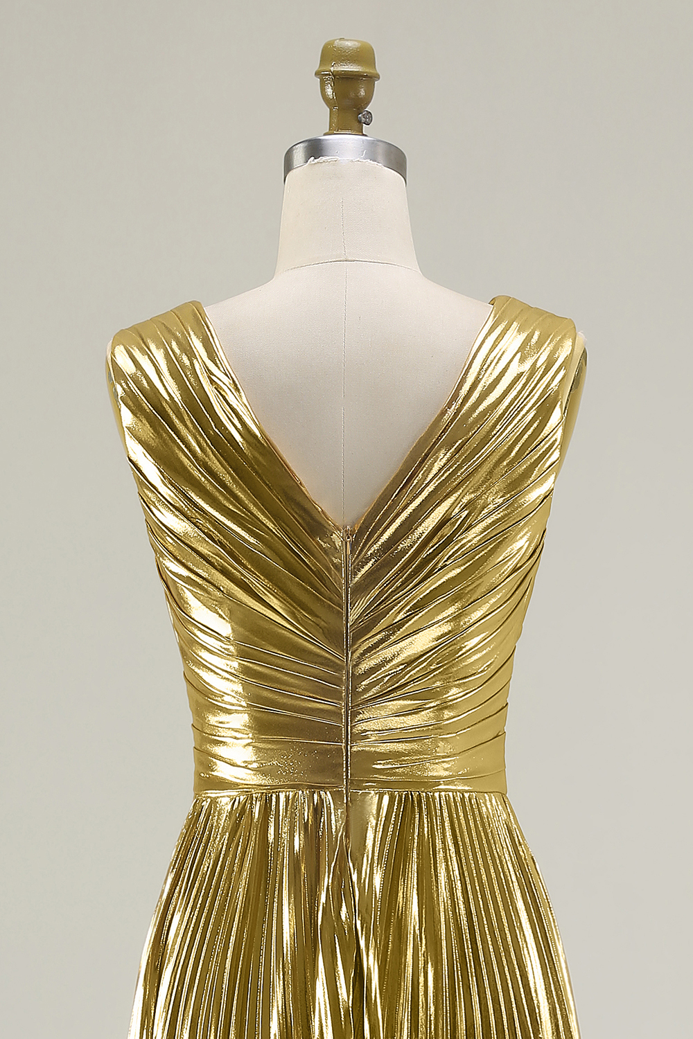 Metallic Gold V-Neck Pleated A-Line Long Holiday Party Dress