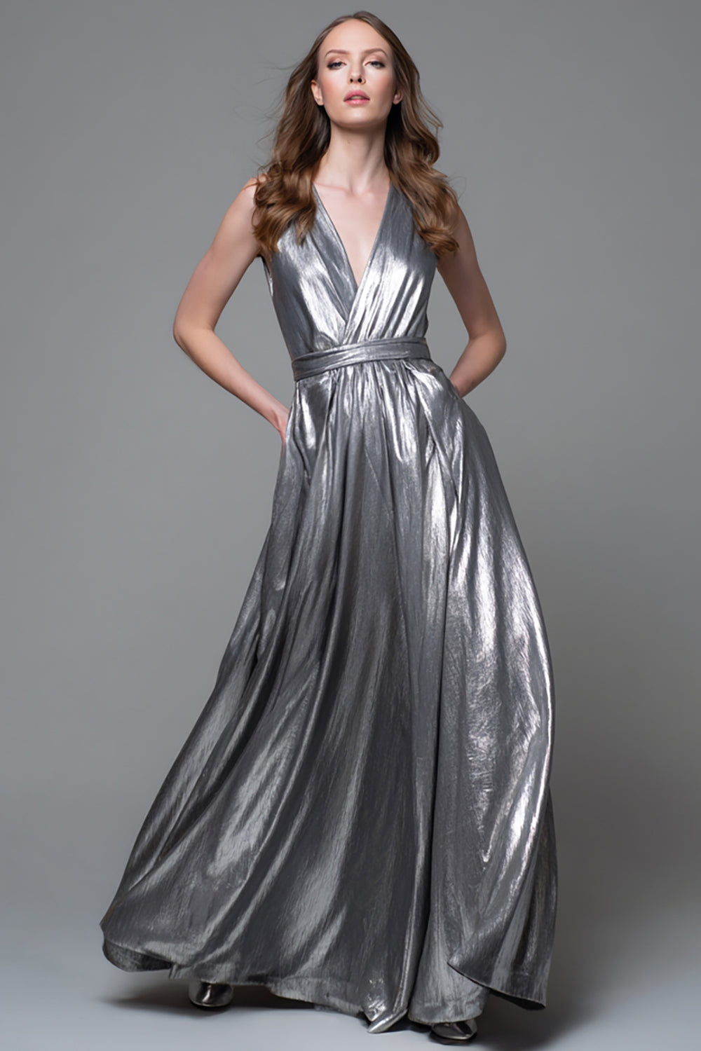 Sparkly Silver Metallic A-Line V-Neck Long Evening Dress