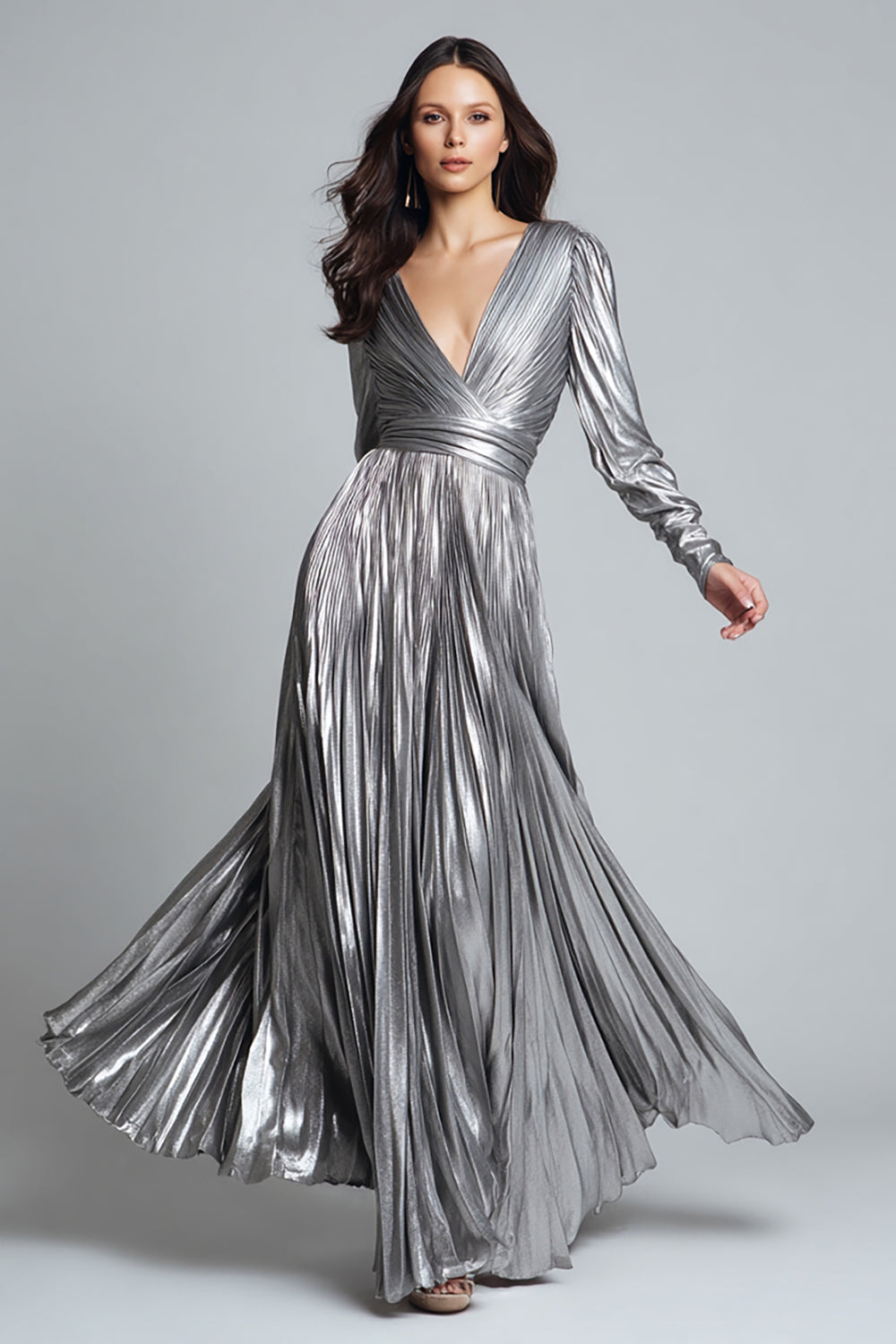 Sparkly Silver Metallic A-Line Pleated Long Evening Dress with Sleeves