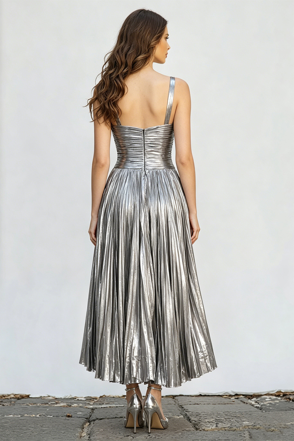 Sparkly Silver Metallic A-Line Pleated Long Evening Dress