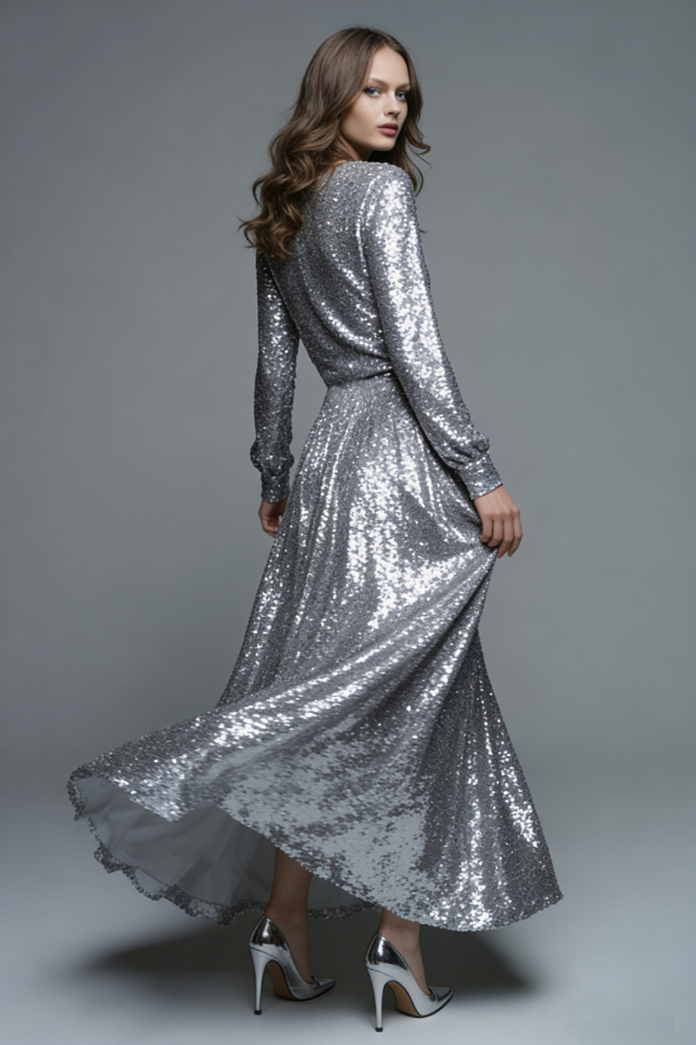 Sparkly Silver Sequin A-Line Long Evening Dress with Sleeves