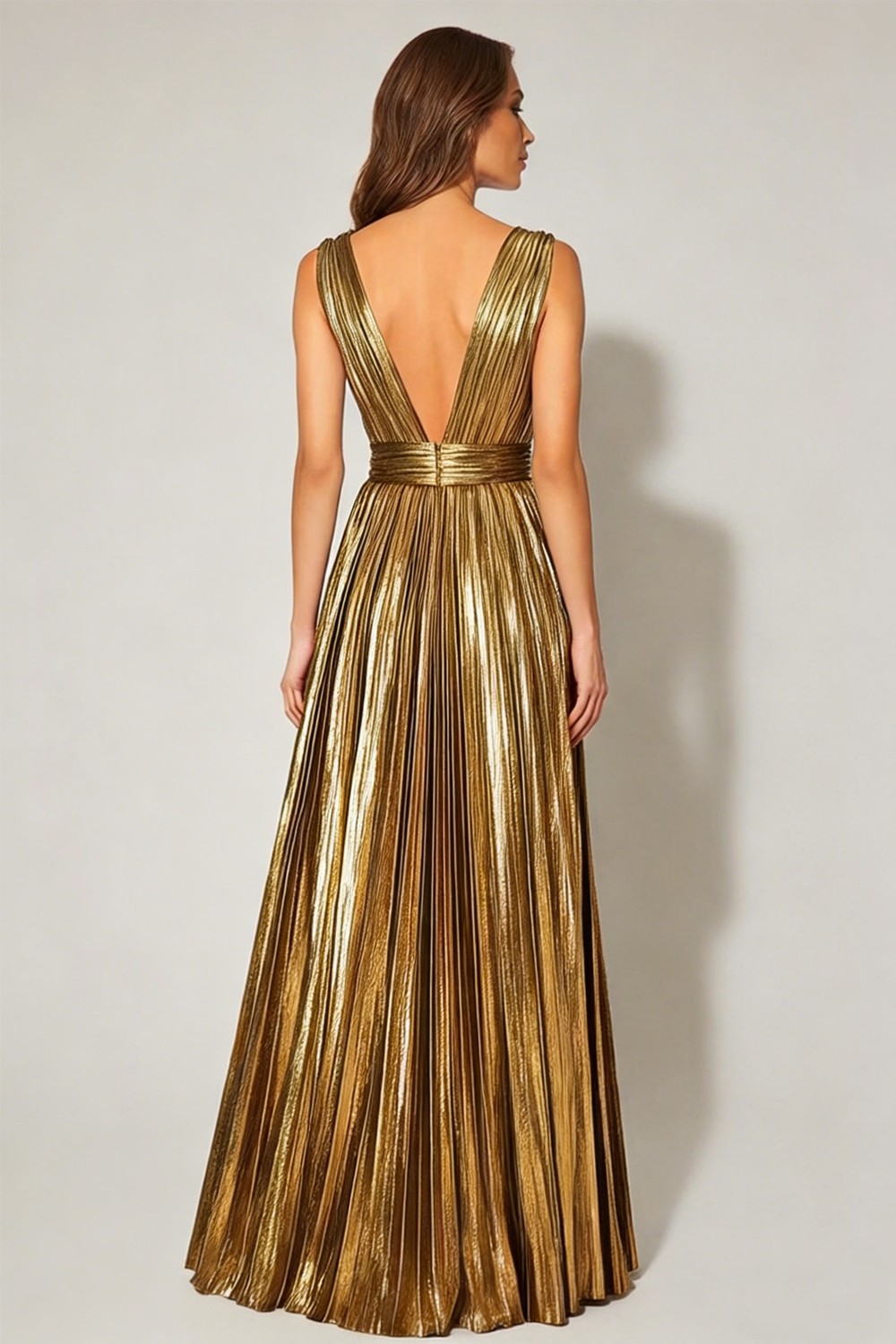 Sparkly Gold Metallic A-Line Pleated V-Neck Long Evening Dress