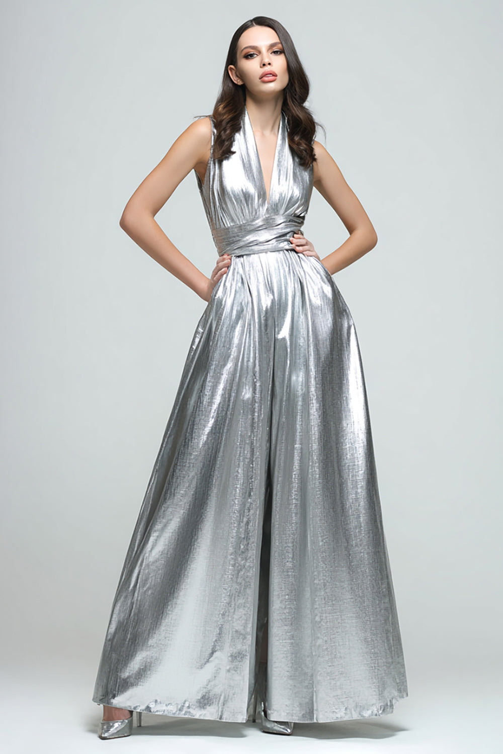 Sparkly Silver A-Line Metallic V-Neck Long Evening Dress