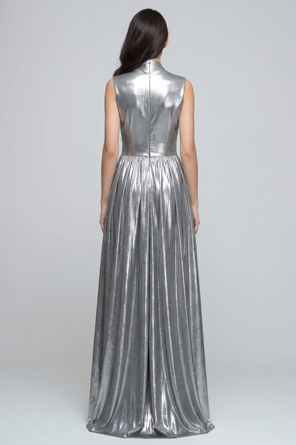 Sparkly Silver A-Line Metallic V-Neck Long Evening Dress