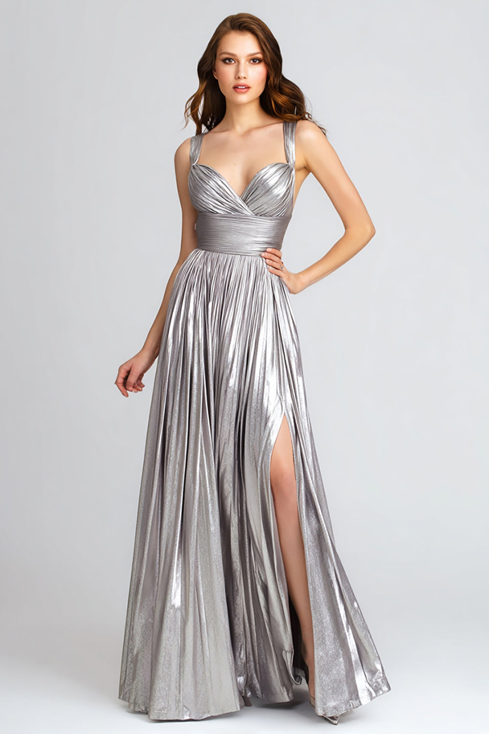 Sparkly Silver Metallic Pleated A-Line Long Evening Dress with Slit