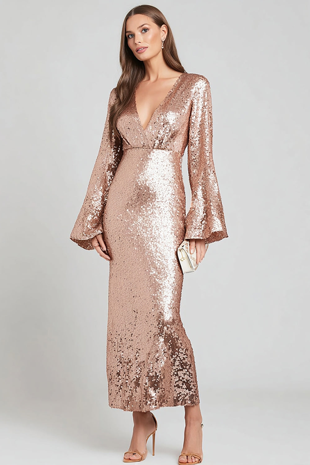 Sparkly Rose Gold V-Neck Sequin Long Evening Dress with Sleeves