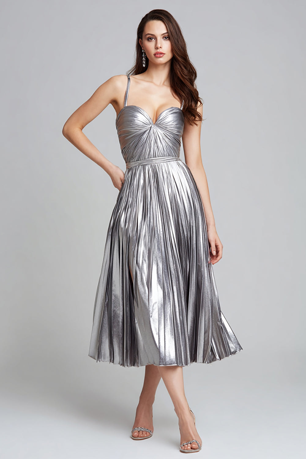 Sparkly Silver Metallic Spaghetti Straps A-Line Pleated Long Evening Dress