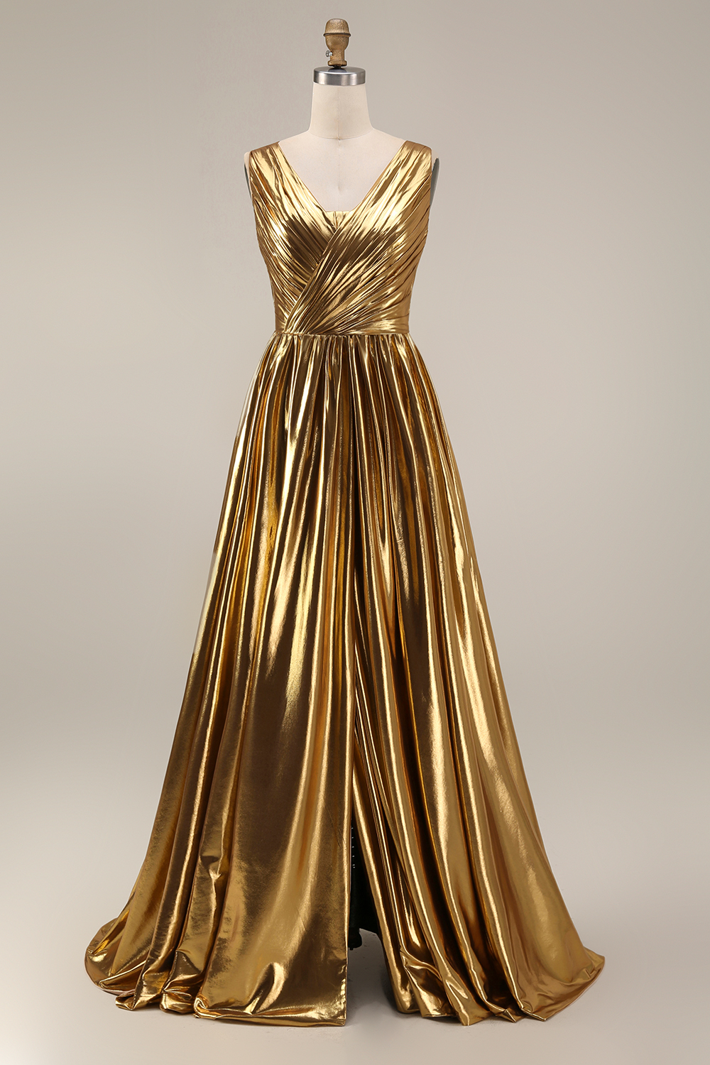 Metallic Gold Pleated V-Neck A-Line Long Holiday Party Dress with Slit