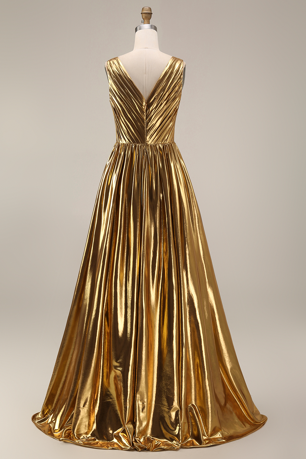 Metallic Gold Pleated V-Neck A-Line Long Holiday Party Dress with Slit
