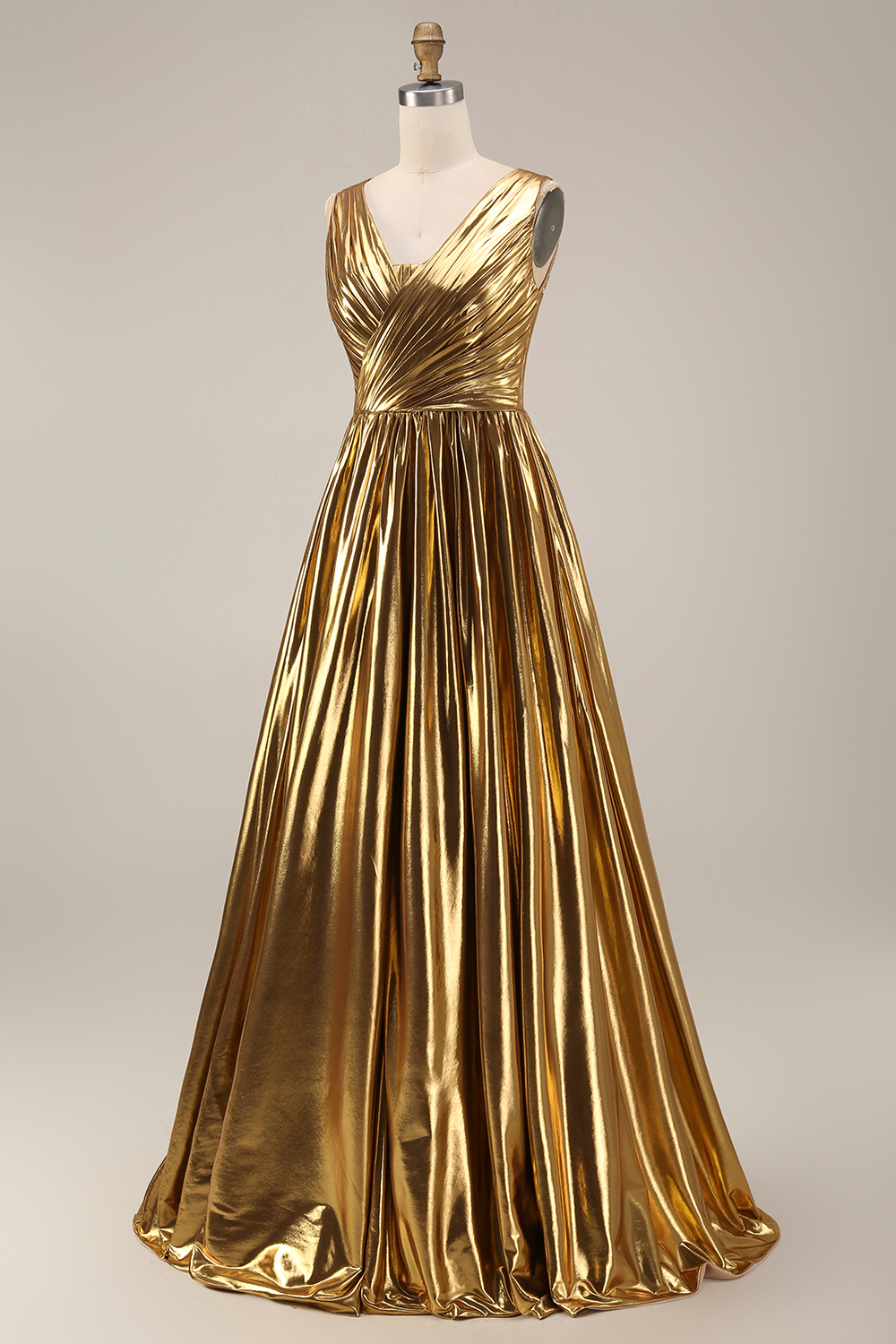 Metallic Gold Pleated V-Neck A-Line Long Holiday Party Dress with Slit