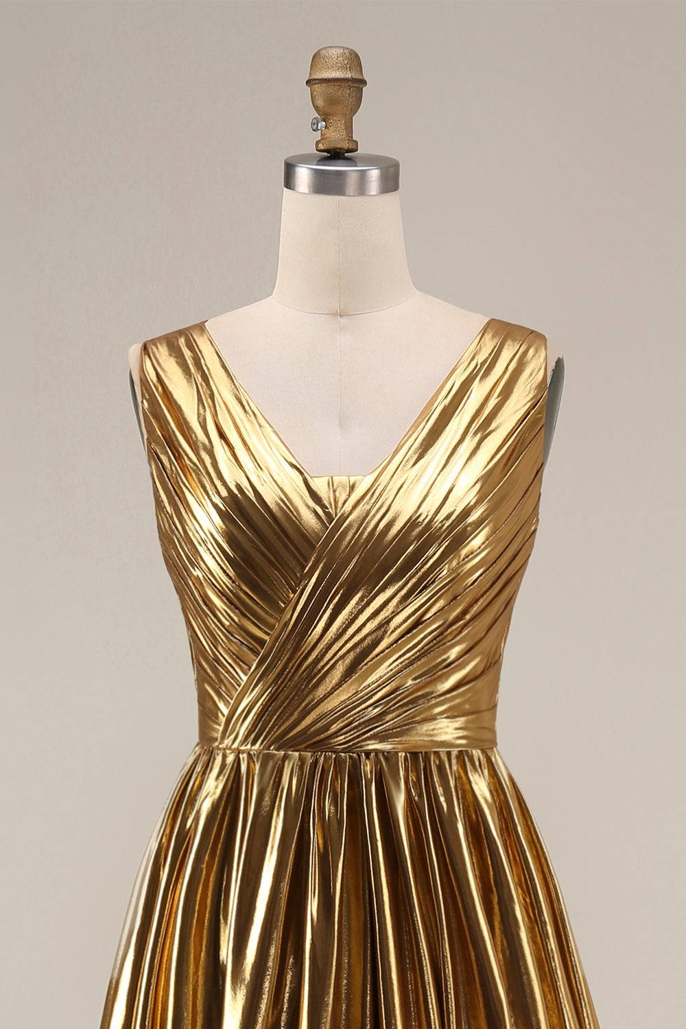 Metallic Gold Pleated V-Neck A-Line Long Holiday Party Dress with Slit