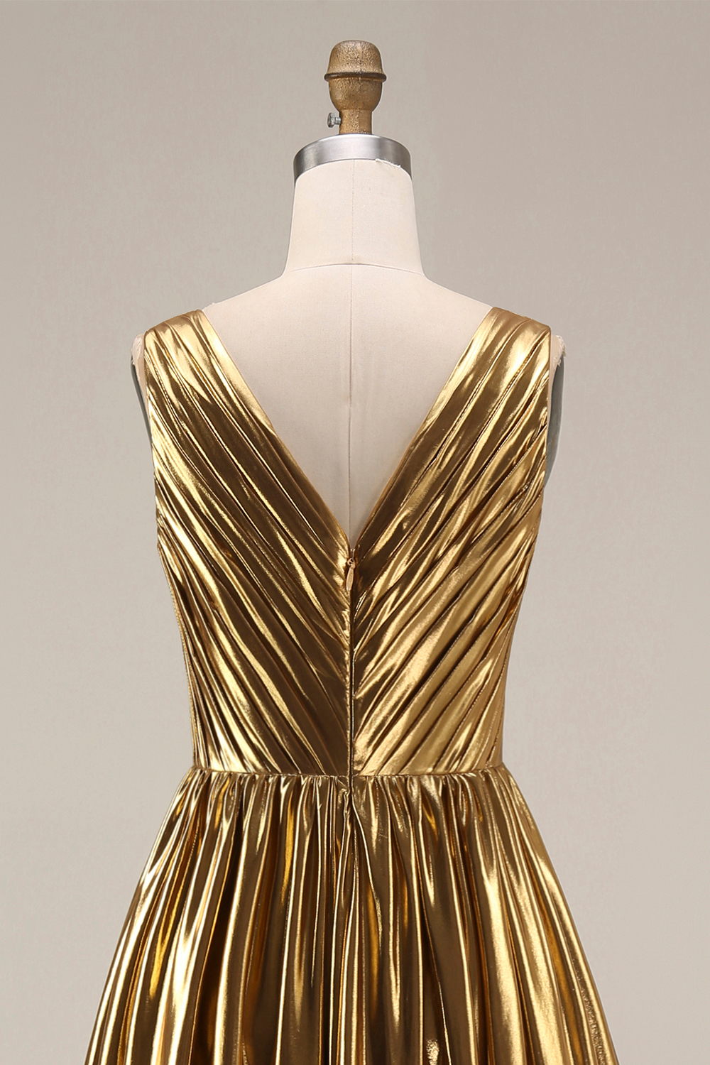 Metallic Gold Pleated V-Neck A-Line Long Holiday Party Dress with Slit