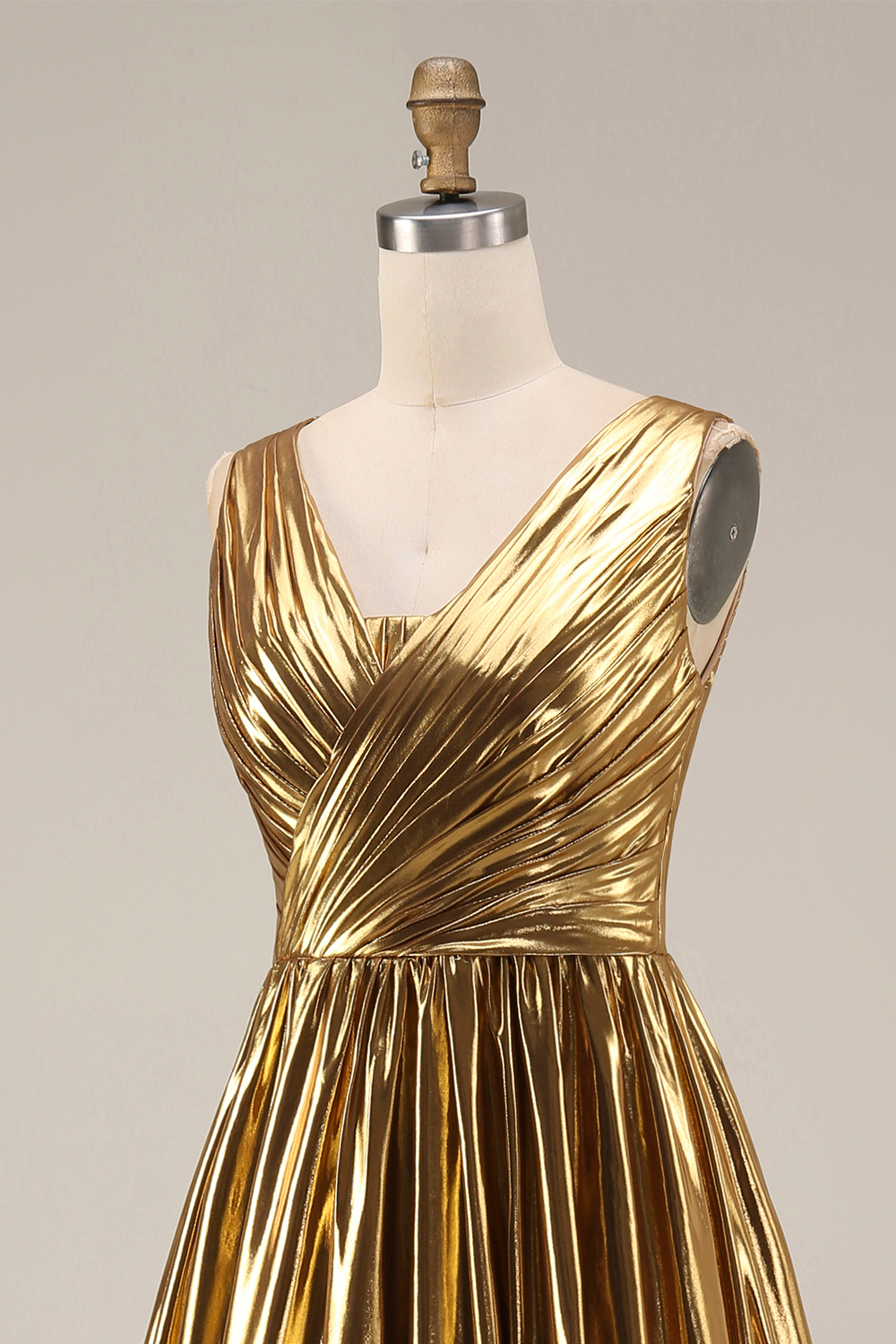 Metallic Gold Pleated V-Neck A-Line Long Holiday Party Dress with Slit