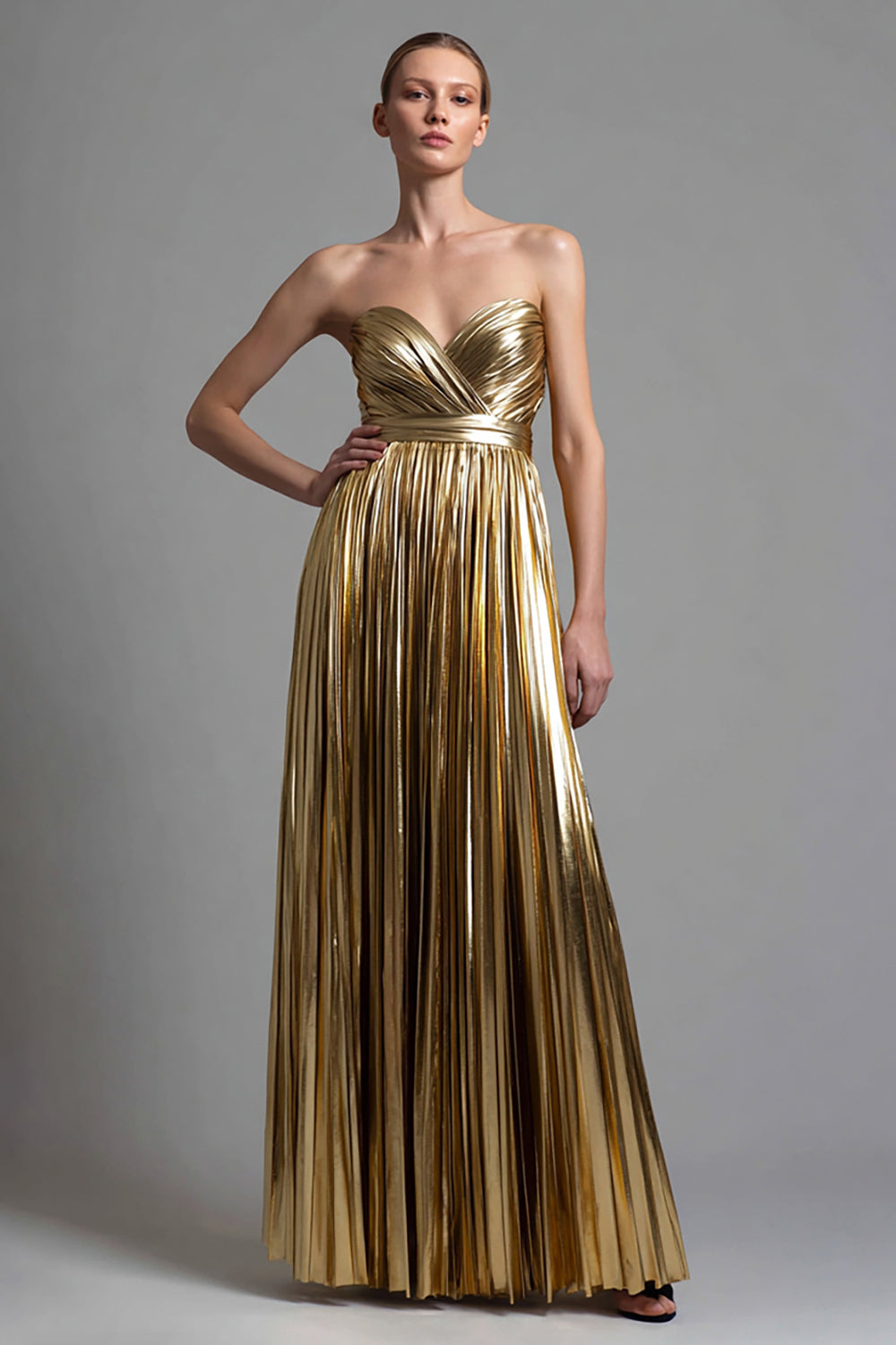 Sparkly Gold Pleated Sweetheart A Line Long Metallic Holiday Party Dress