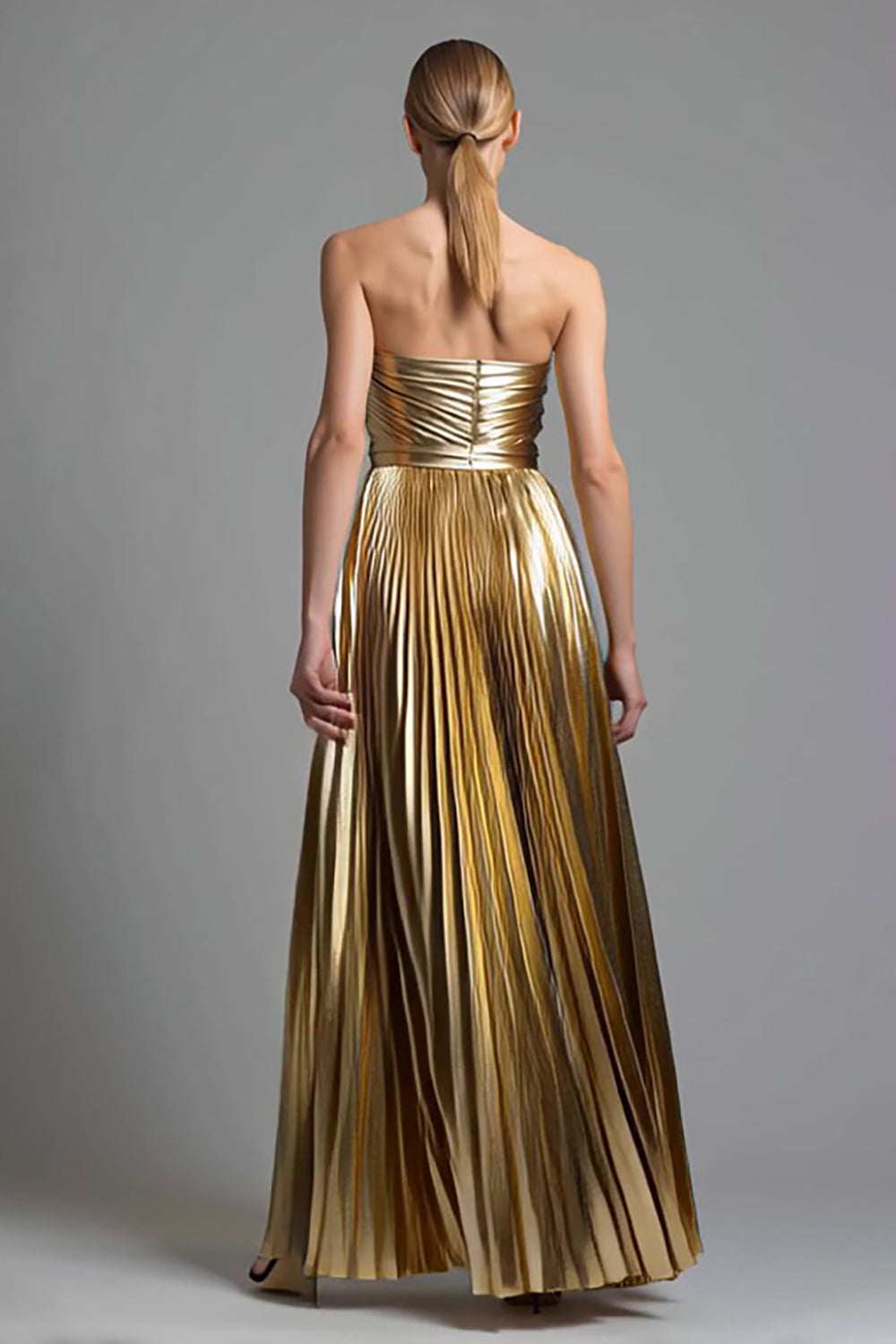 Sparkly Gold Pleated Sweetheart A Line Long Metallic Holiday Party Dress