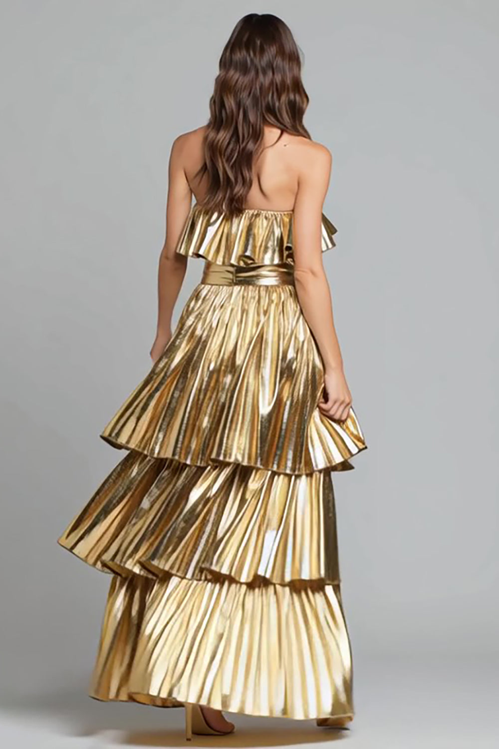 Metallic Gold Pleated Ruffled A Line Long Holiday Party Dress