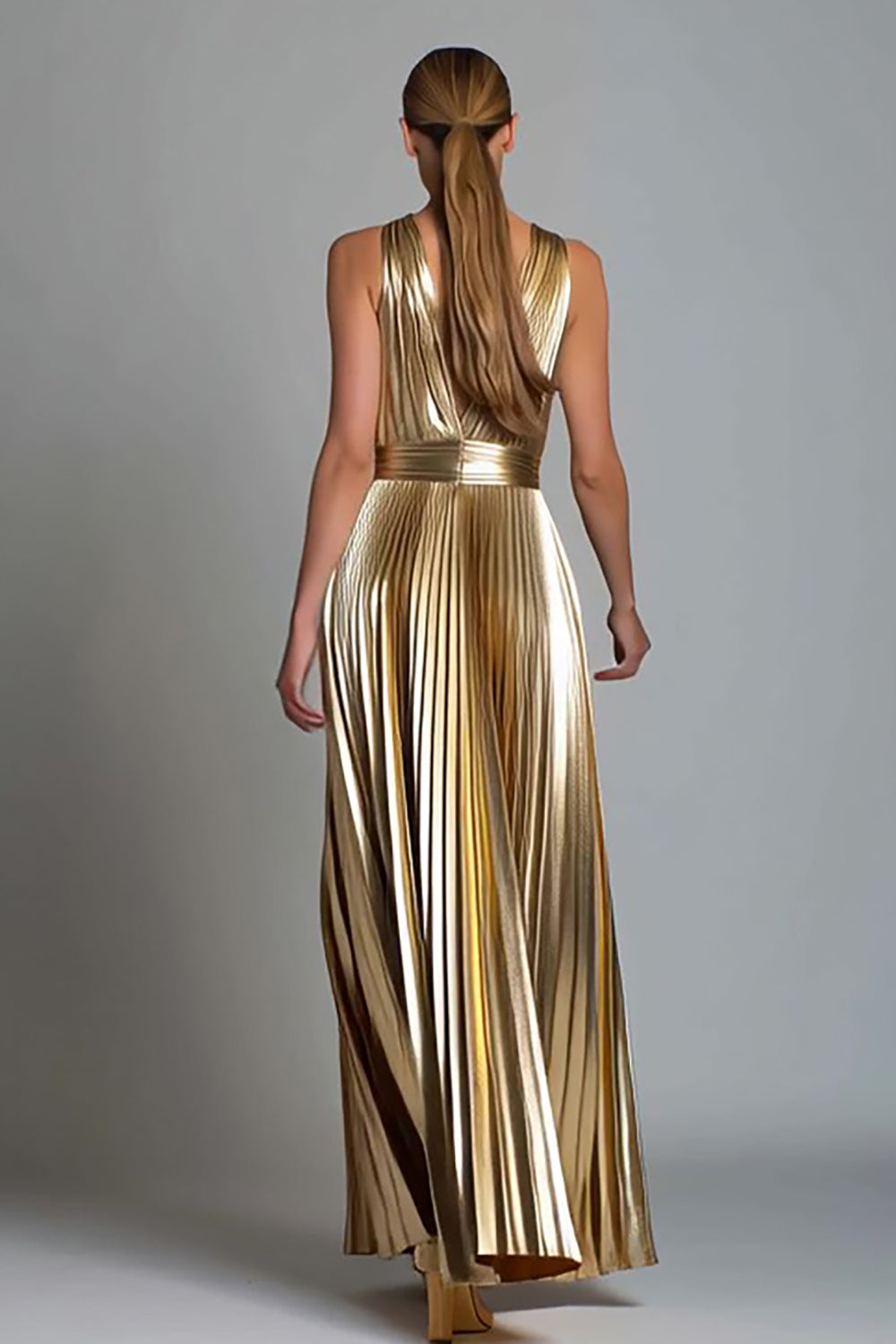 Sparkly Gold A-Line Pleated V-Neck Maxi Metallic Holiday Party Dress