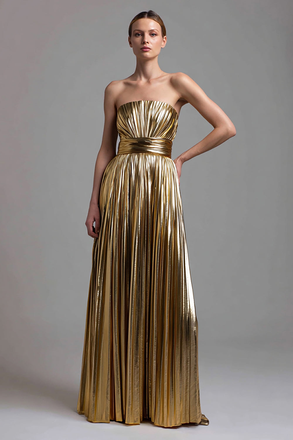 Metallic Gold A-Line Pleated Strapless Long Holiday Party Dress