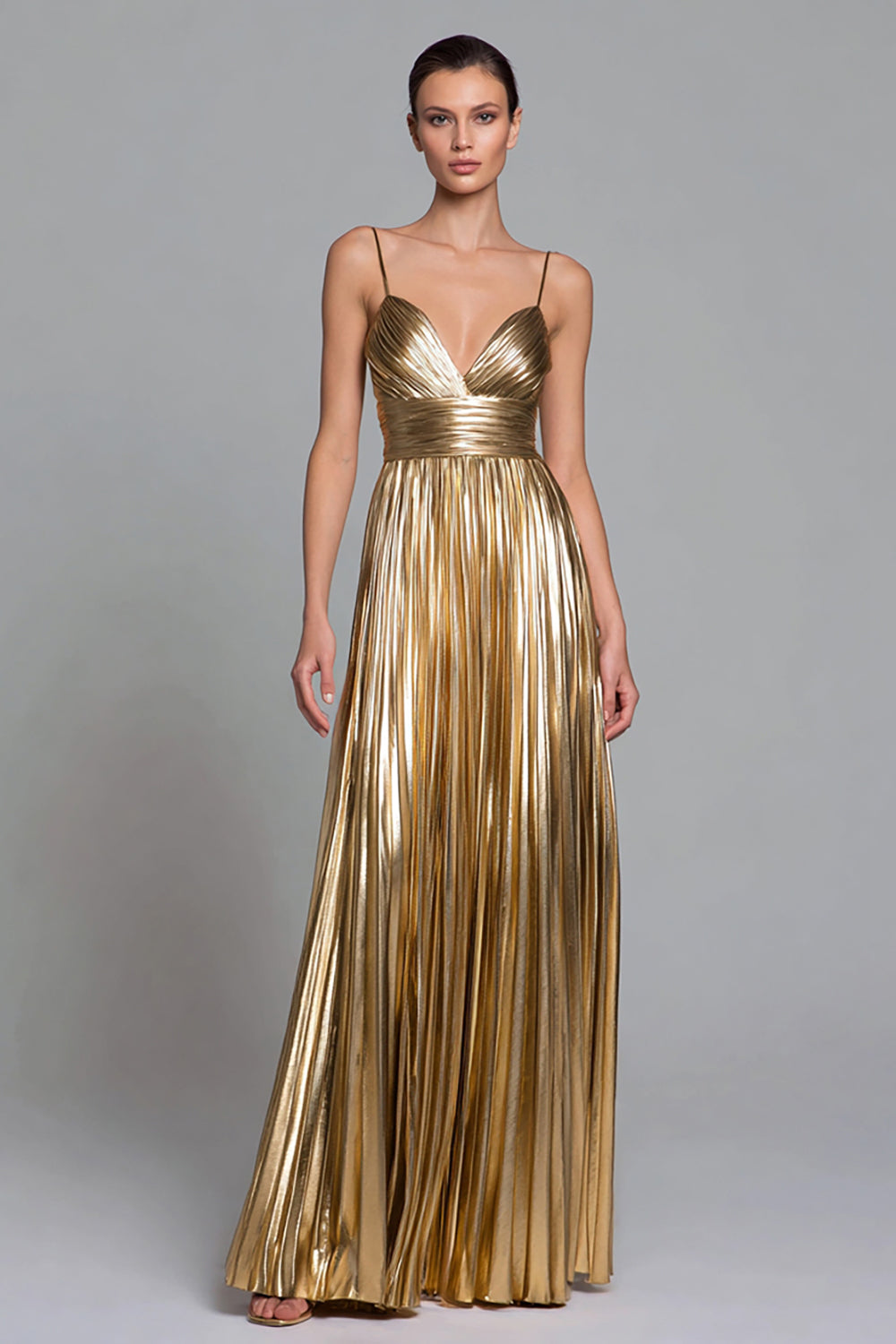 Metallic Gold Pleated Spaghetti Straps A Line Long Holiday Party Dress