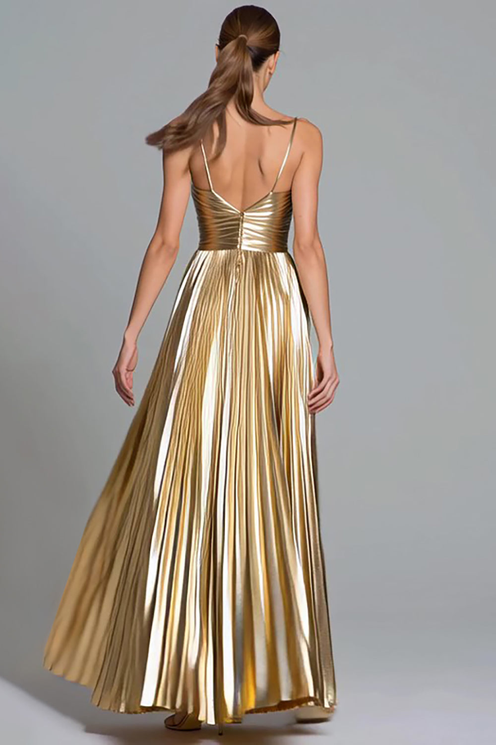 Metallic Gold Pleated Spaghetti Straps A Line Long Holiday Party Dress