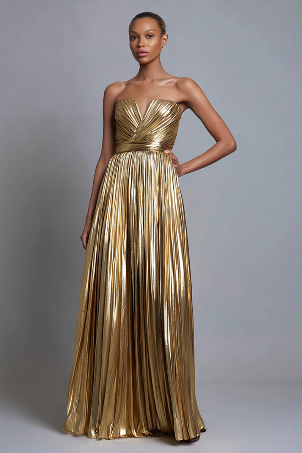 Metallic Gold Strapless Pleated A Line Long Holiday Party Dress