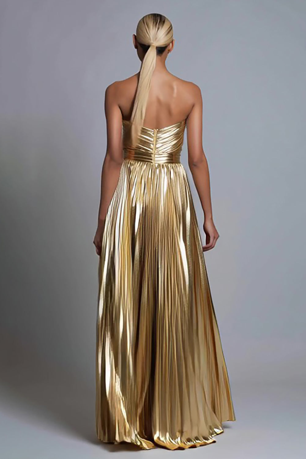 Metallic Gold Strapless Pleated A Line Long Holiday Party Dress