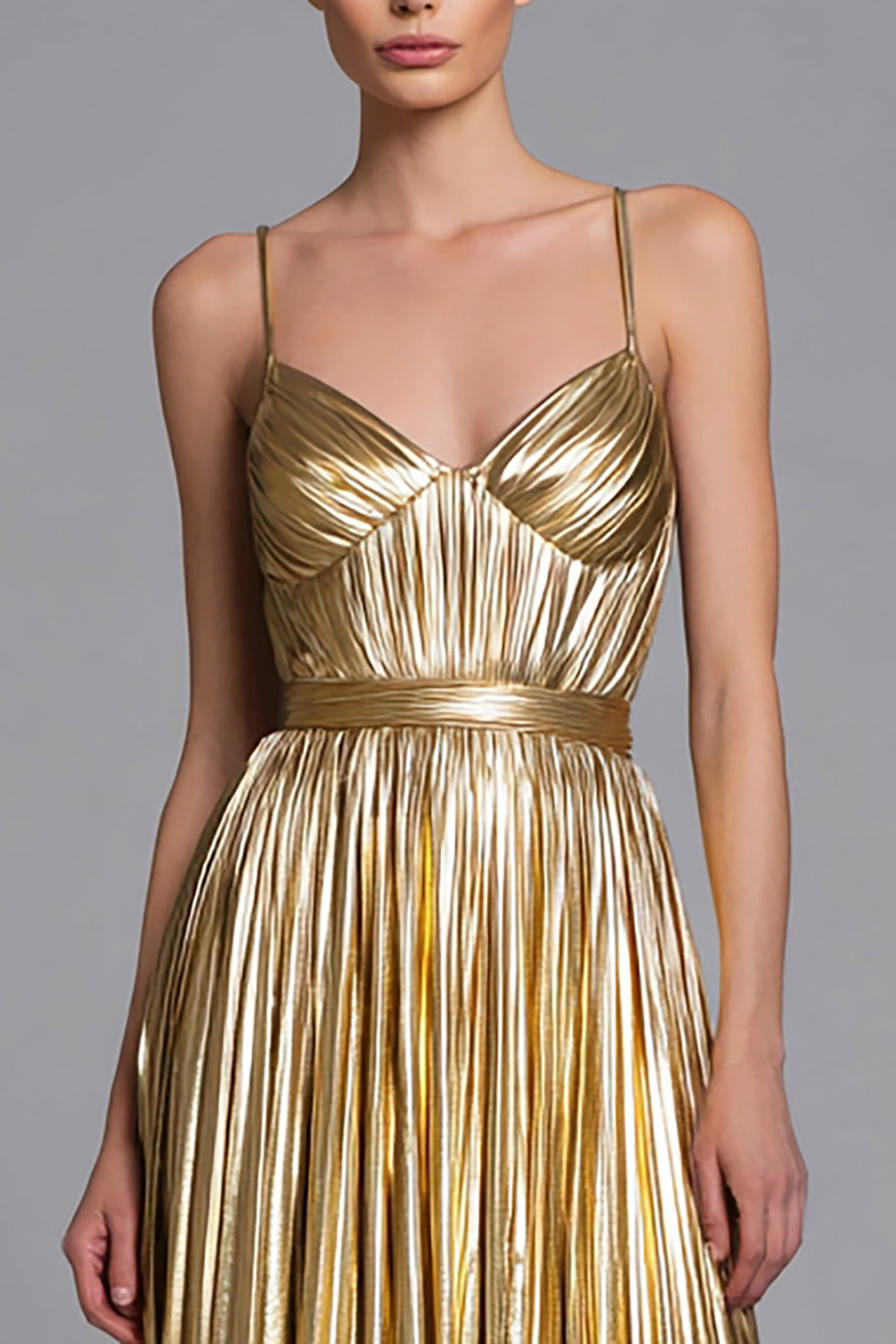 Sparkly Gold A-Line Pleated Long Metallic Holiday Party Dress