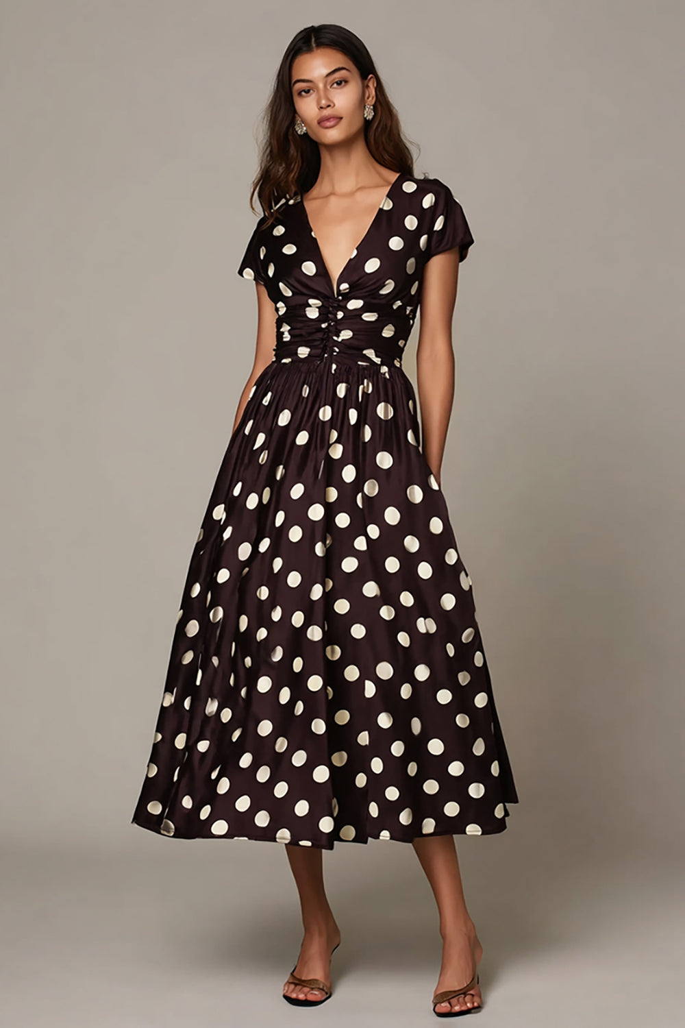 Dark Brown White Satin A Line V-Neck Short Sleeves Maxi Polka Dots Dress