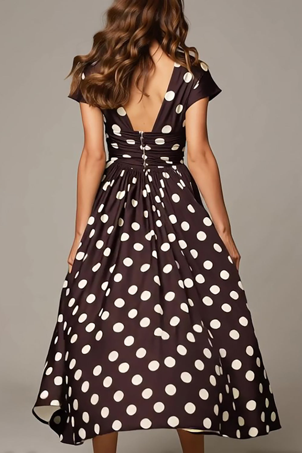 Dark Brown White Satin A Line V-Neck Short Sleeves Maxi Polka Dots Dress
