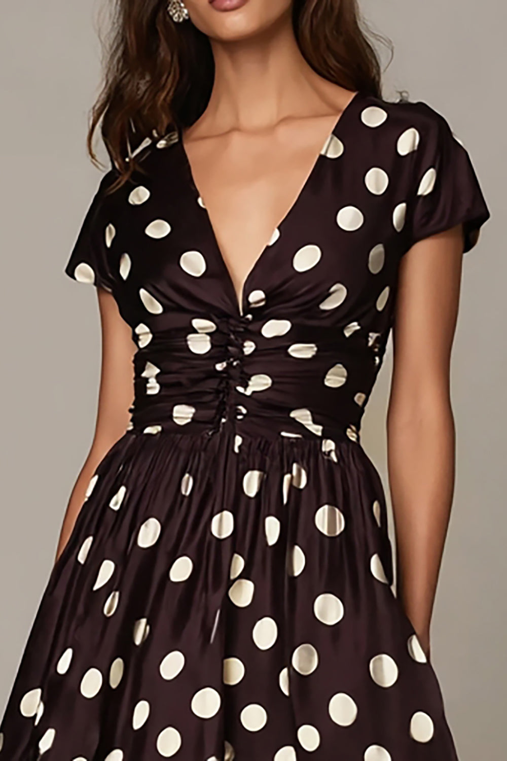 Dark Brown White Satin A Line V-Neck Short Sleeves Maxi Polka Dots Dress