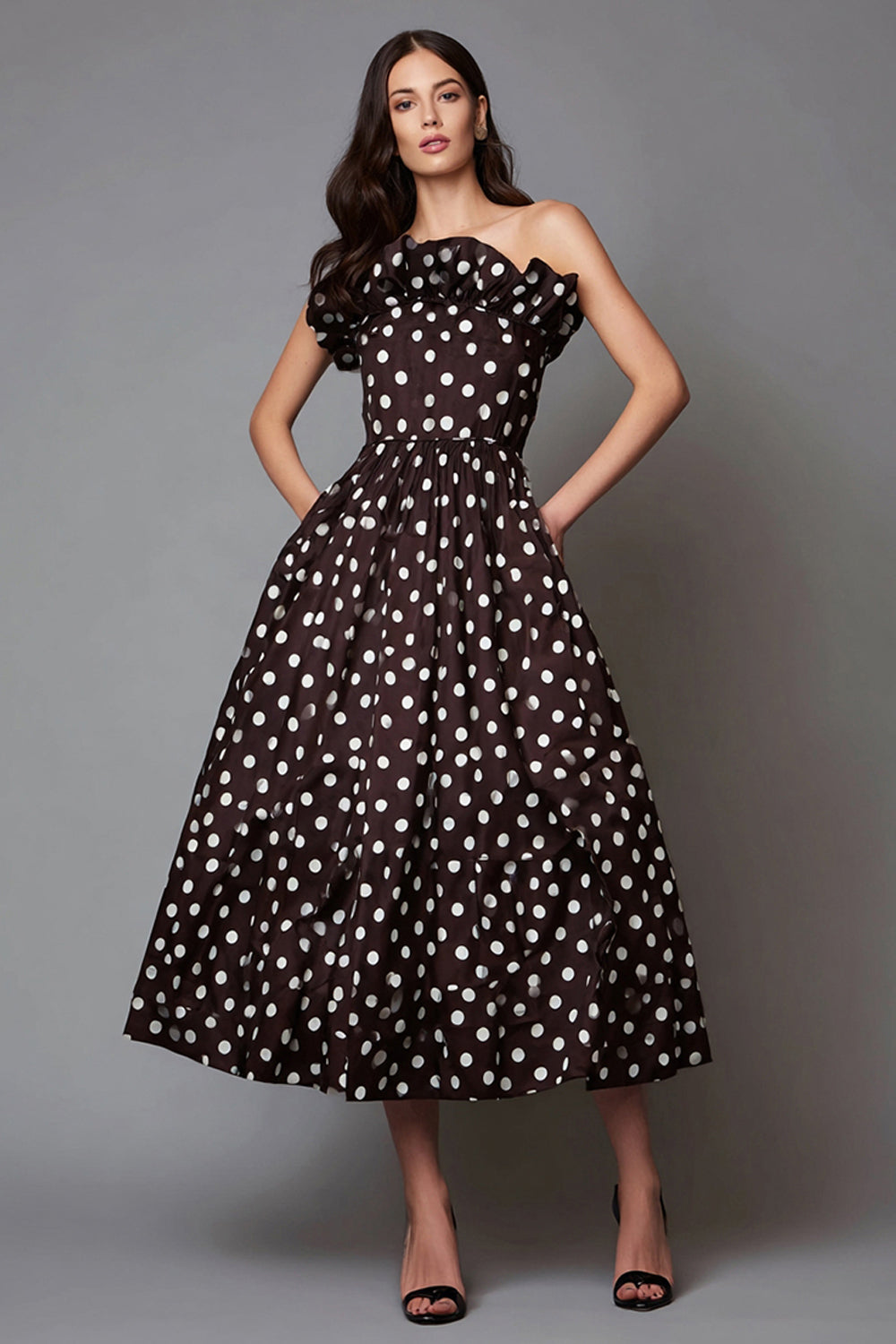 Dark Brown Satin A Line Strapless Maxi Polka Dots Dress with Ruffles