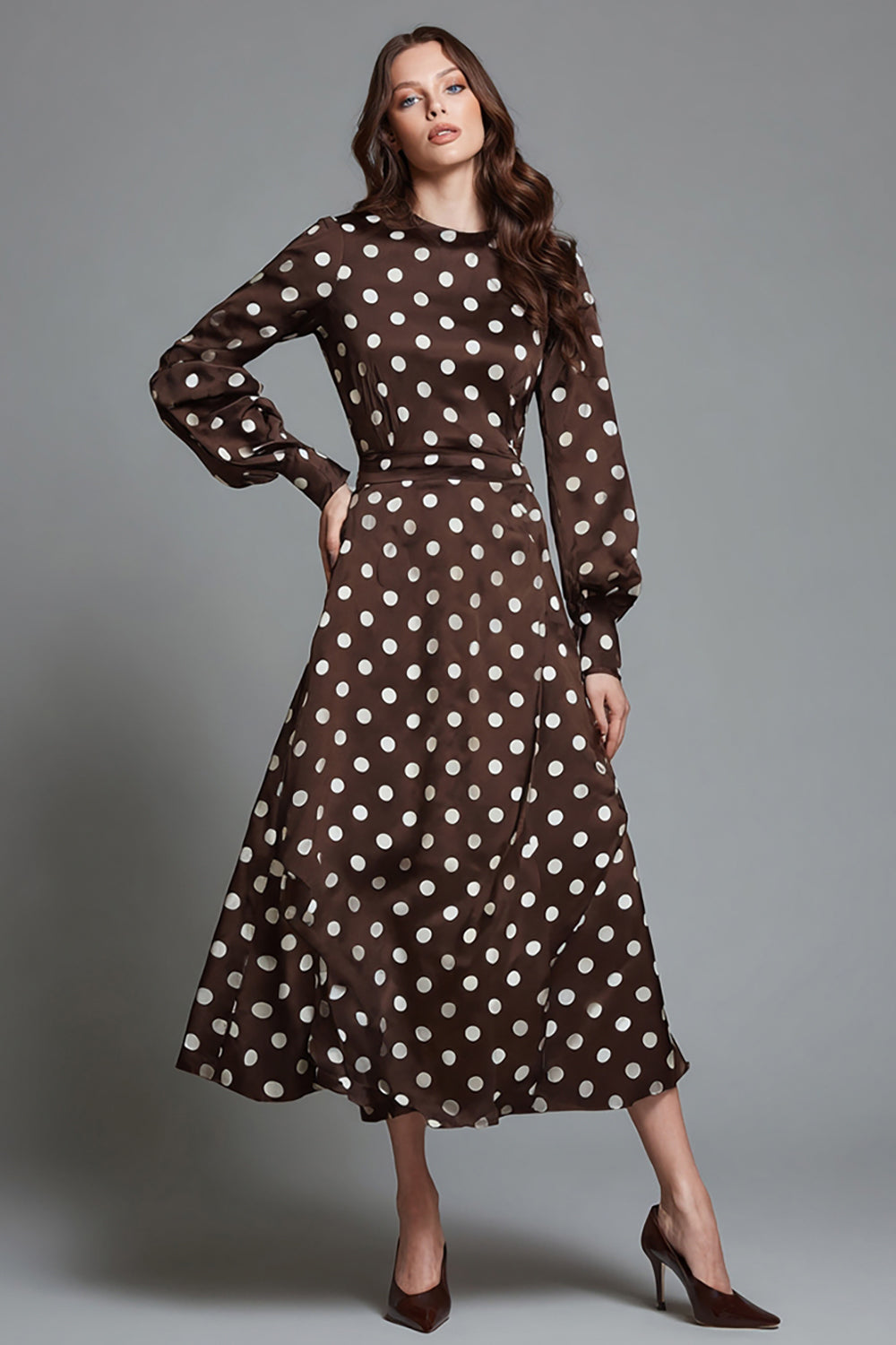 Dresstells Women Dark Brown Satin Maxi Polka Dots Dress A Line Long Sleeves Round Neck Holiday Party Dress