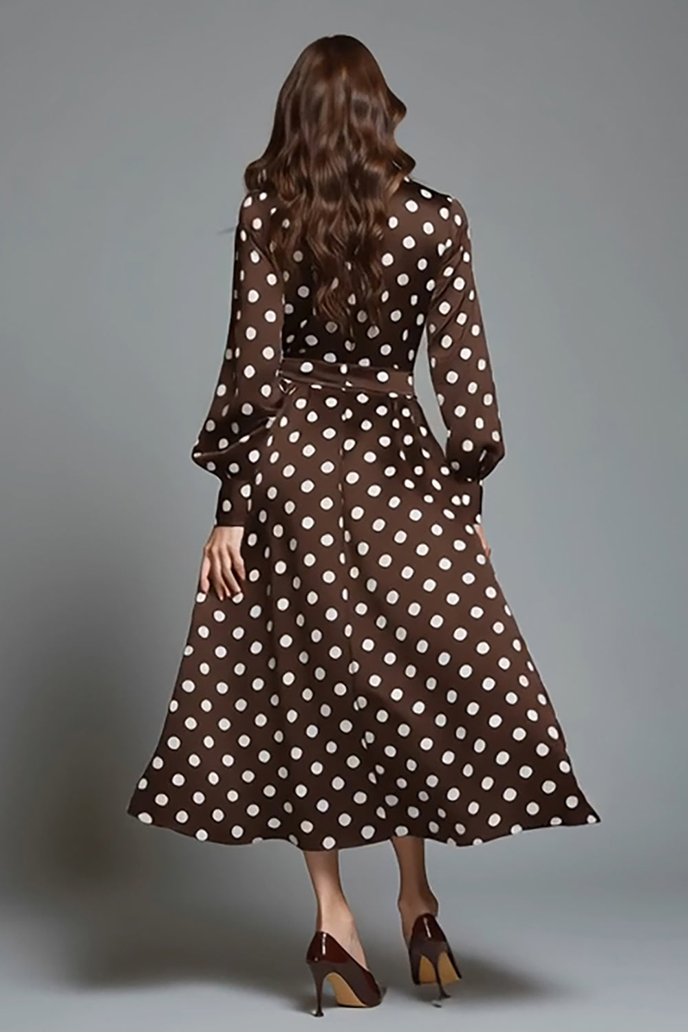 Dark Brown A-Line Satin Round Neck Long Sleeves Polka Dots Dress