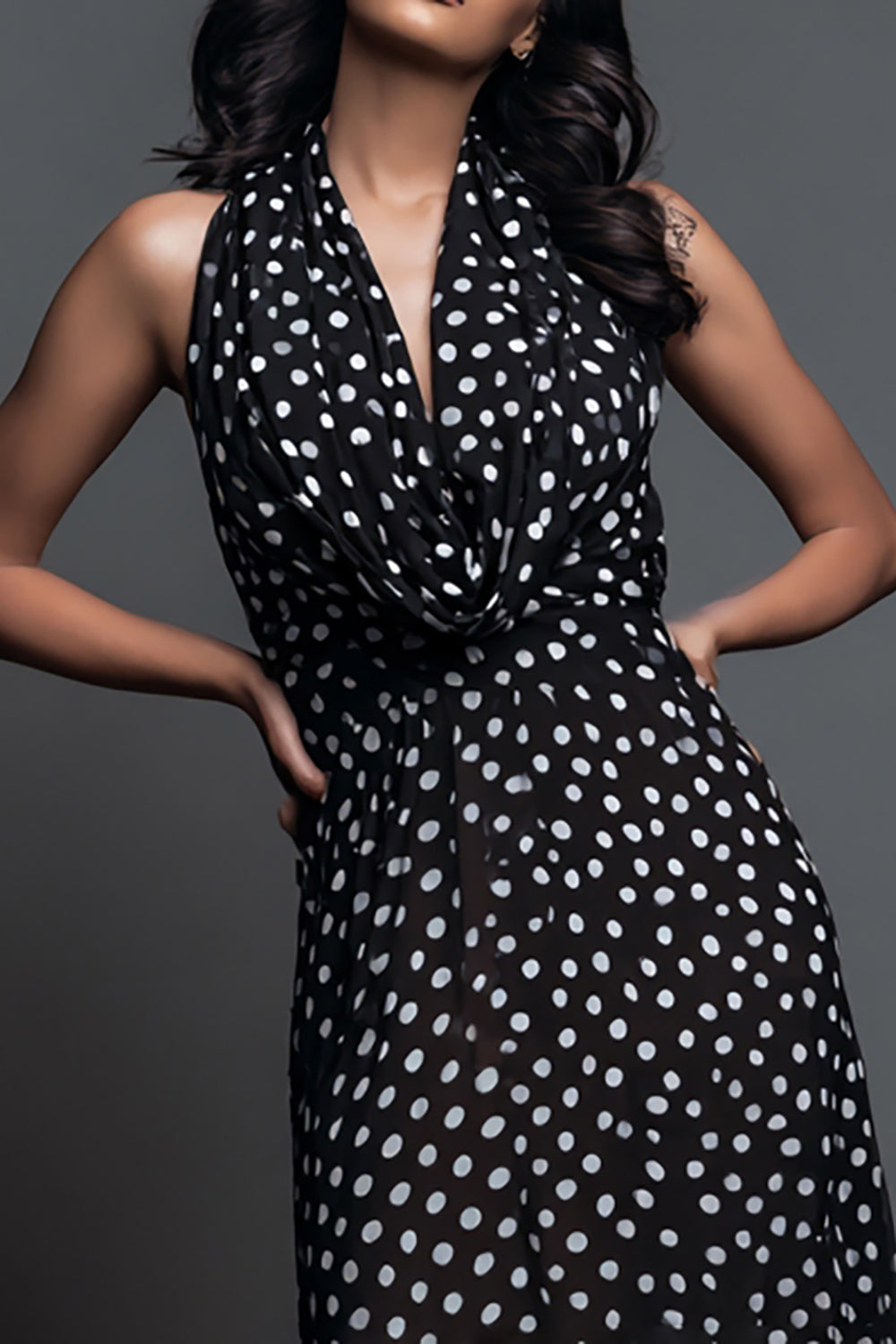Black and White Chiffon Sheath Cowl Neck Maxi Polka Dots Dress