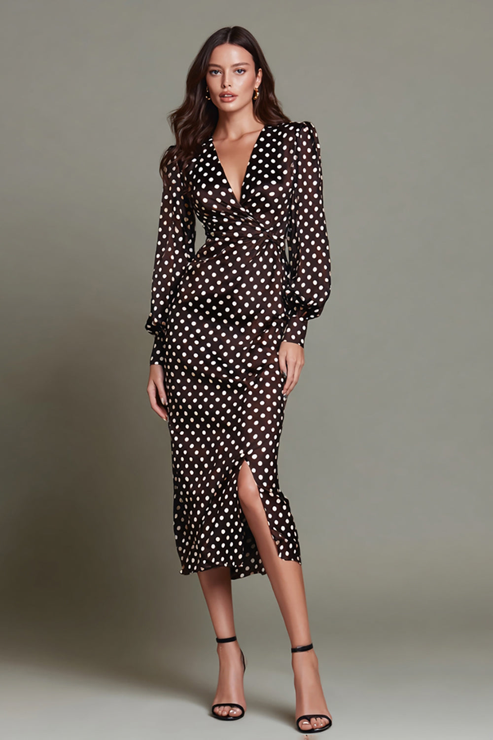 Dark Brown Chiffon V-Neck Sheath Long Sleeves Polka Dots Dress with Slit