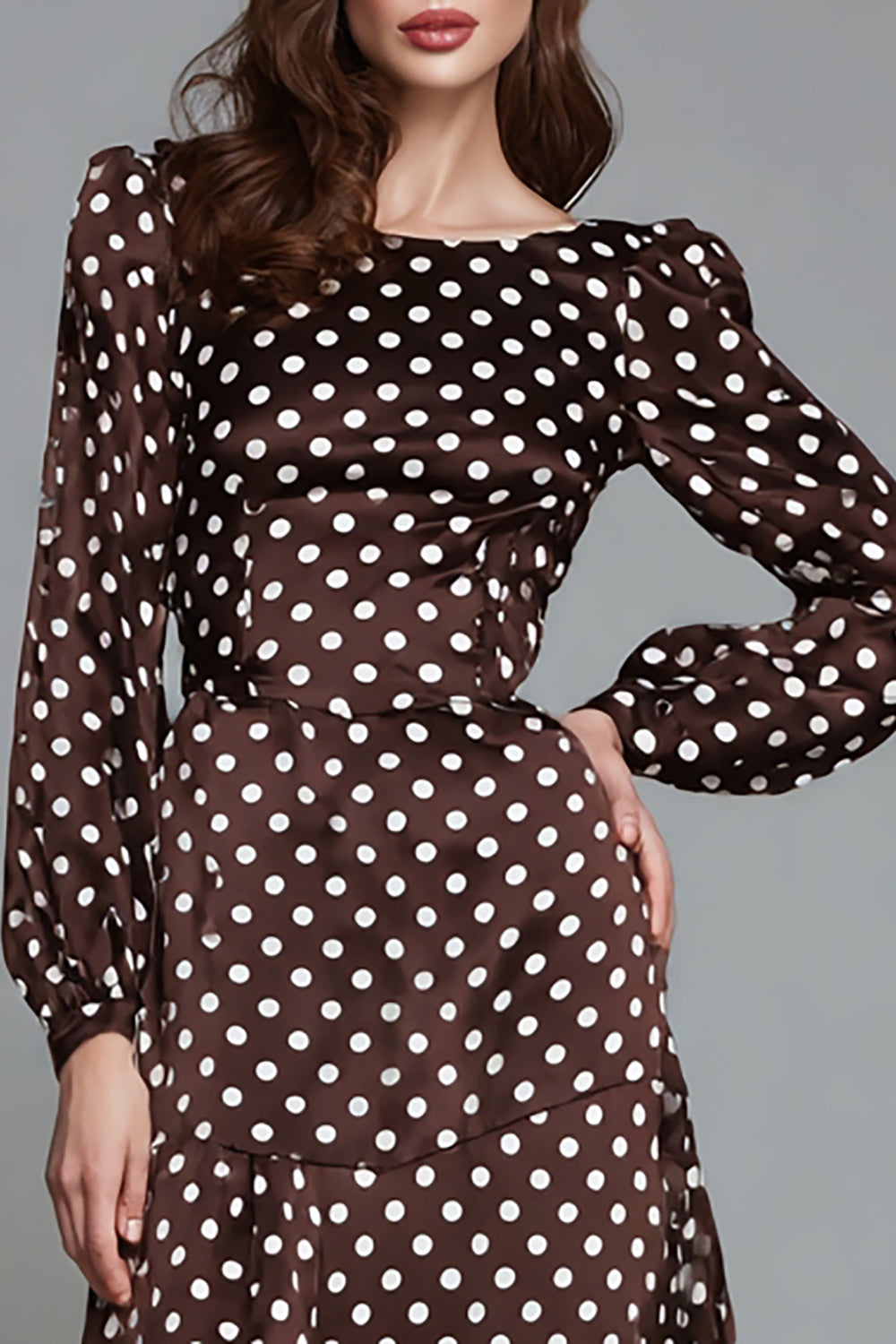 Dark Brown Satin Boat Neck A-Line Long Sleeves Polka Dots Dress