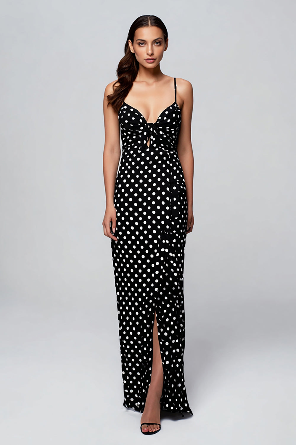 Dresstells Women Black and White Polka Dots Chiffon Maxi Wedding Guest Dress with Slit Sheath Ruched Spaghetti Straps Formal Dress with Ruffles