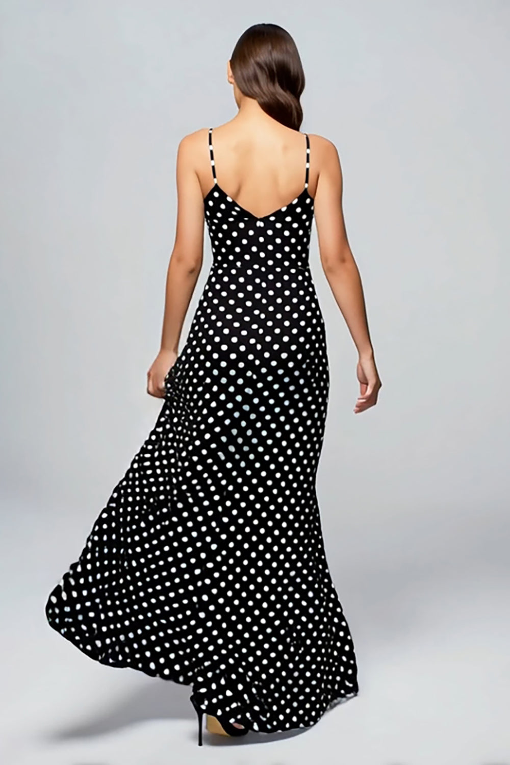 Black and White Chiffon Spaghetti Straps Maxi Polka Dots Dress with Slit
