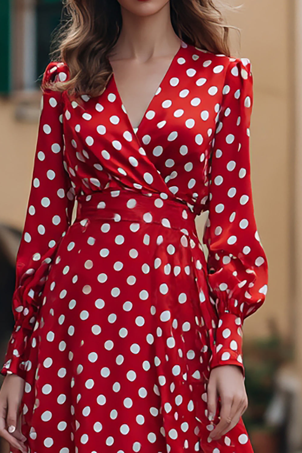 Red Chiffon V-Neck A-Line Long Sleeves Polka Dots Dress
