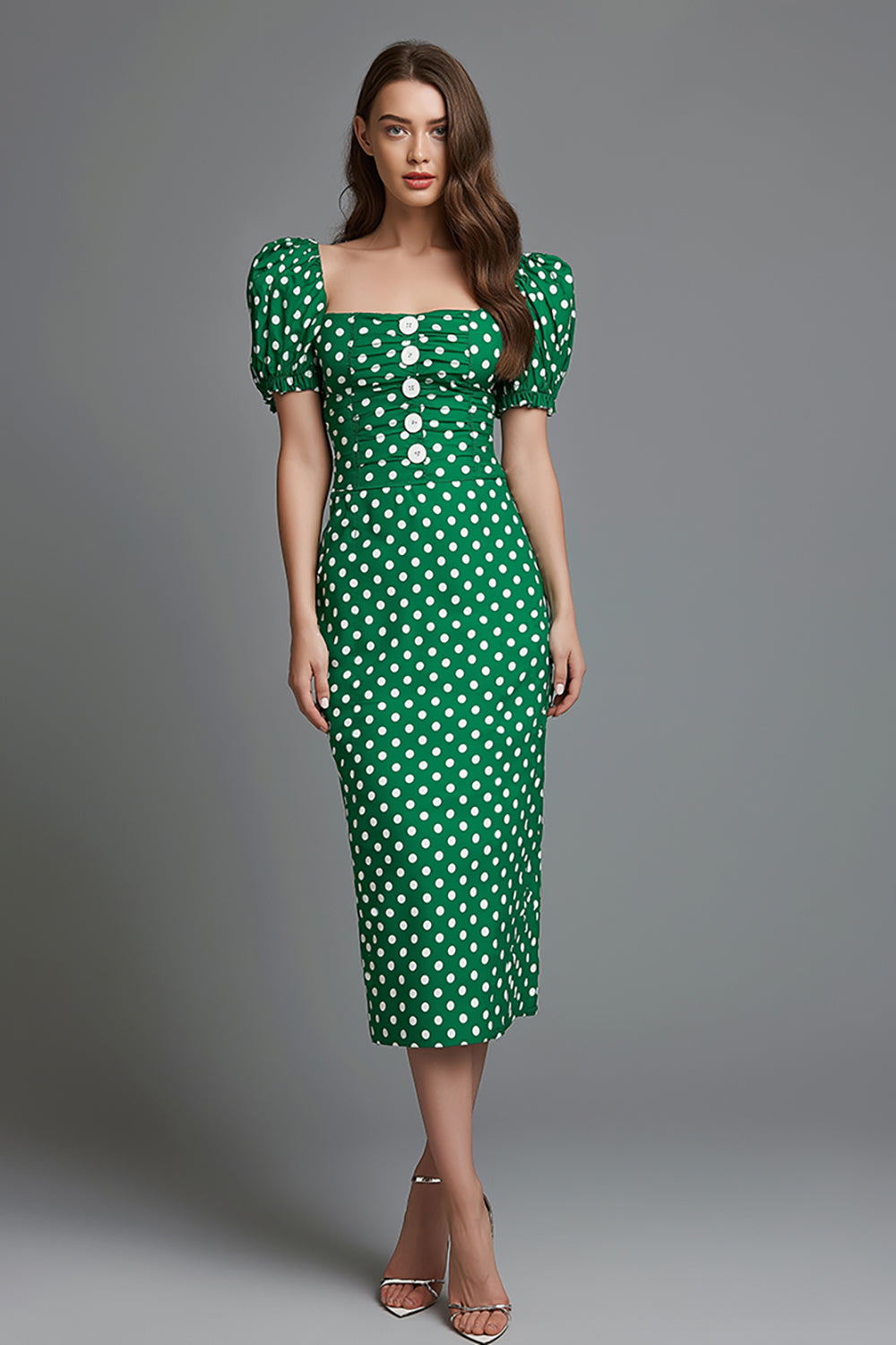 Green Satin Pencil Square Neck Long Polka Dots Dress with Sleeves