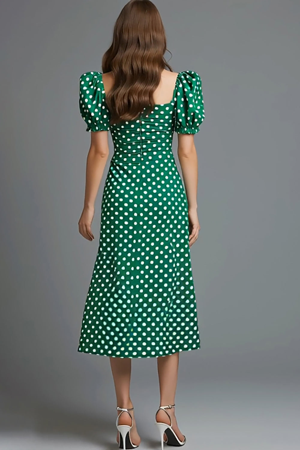 Green Satin Pencil Square Neck Long Polka Dots Dress with Sleeves