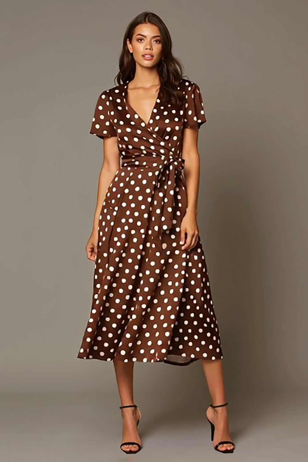Dresstells Women Brown Satin Polka Dots Long Work Dress with Sash V-Neck A-Line Short Sleeves Midi Cocktail Party Dress